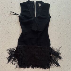 VENUS Sleek Black Mini Dress with Fringe